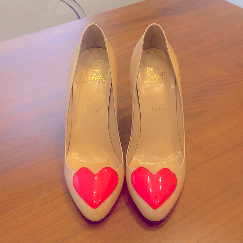 Louboutin heart heels nude and hot pink patent leather size 39